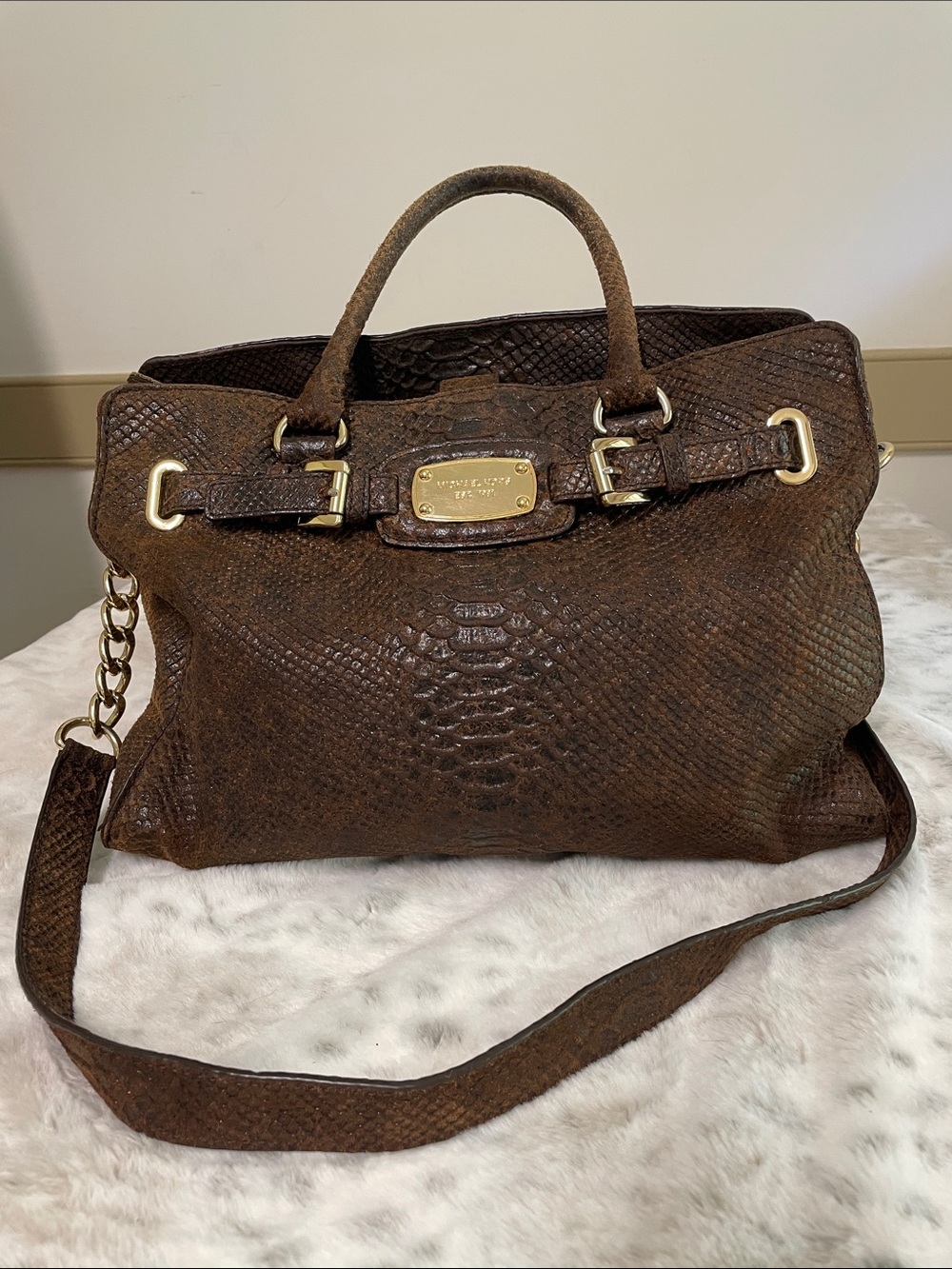 Michael Kors Brown Snake-Embossed Leather Satchel with Gold Hardware